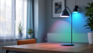 A photograph of a stylishly designed rgb lamp in a modern interior setting