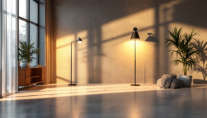 A photograph of a well-lit indoor space showcasing various stylish floor lighting options