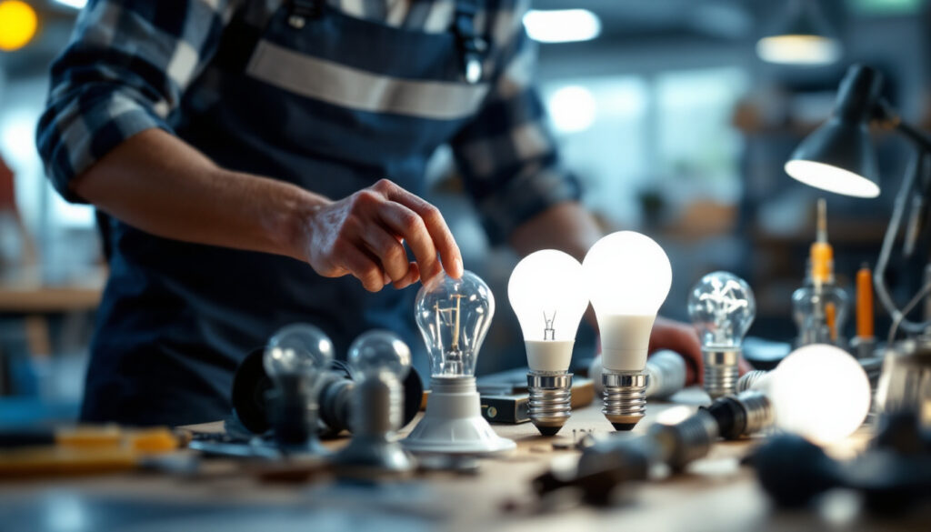 A photograph of a lighting contractor examining a variety of light bulb bases on a workbench