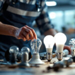 A photograph of a lighting contractor examining a variety of light bulb bases on a workbench