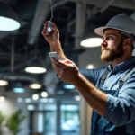 A photograph of a lighting contractor installing an occupancy sensor in a commercial space