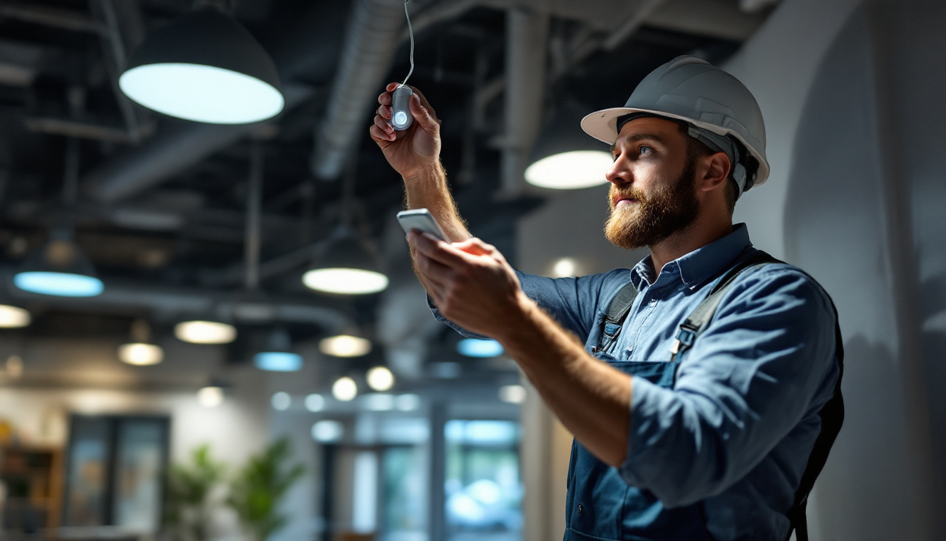 A photograph of a lighting contractor installing an occupancy sensor in a commercial space