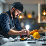 A photograph of a lighting contractor installing led canister light bulbs in a modern residential setting