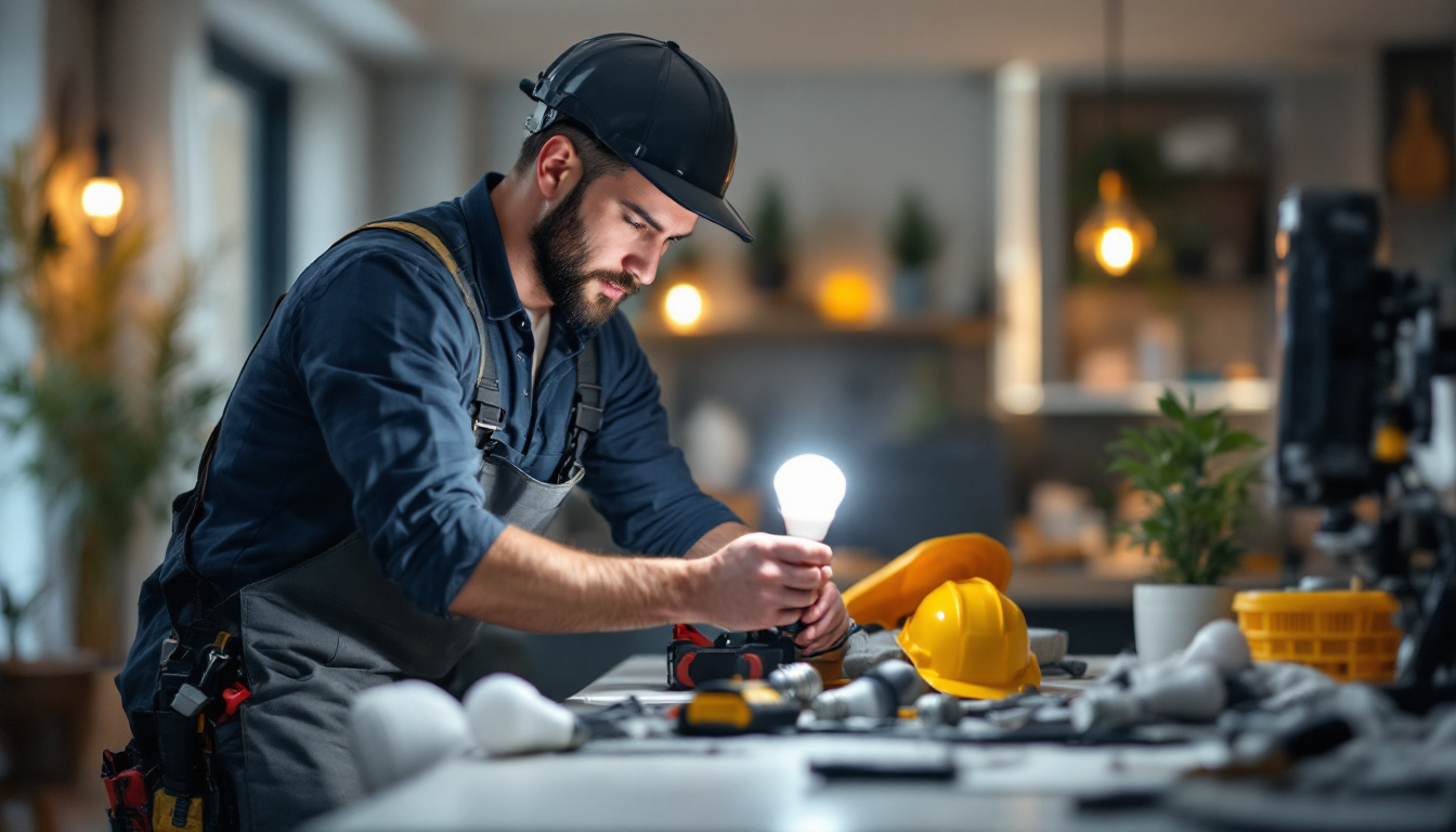 A photograph of a lighting contractor installing led canister light bulbs in a modern residential setting