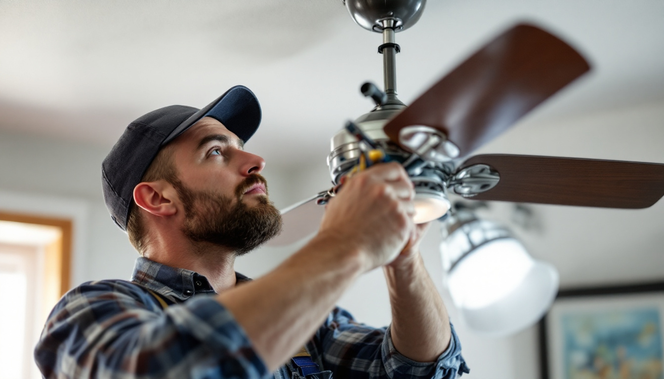 A photograph of a skilled lighting contractor carefully inspecting and replacing parts on a hunter ceiling fan