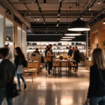 A photograph of a modern retail space showcasing innovative lighting designs