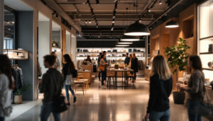 A photograph of a modern retail space showcasing innovative lighting designs