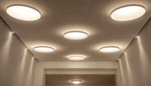 A photograph of a well-lit room featuring a variety of recessed lights in different configurations