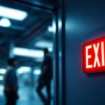 A photograph of a well-lit fire exit sign in a commercial building