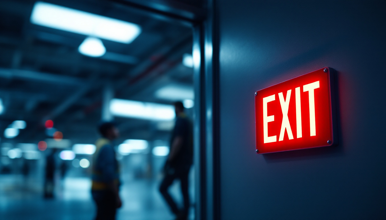 A photograph of a well-lit fire exit sign in a commercial building