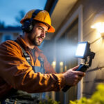 A photograph of a professional lighting contractor installing or showcasing outdoor led flood lights in a residential or commercial setting