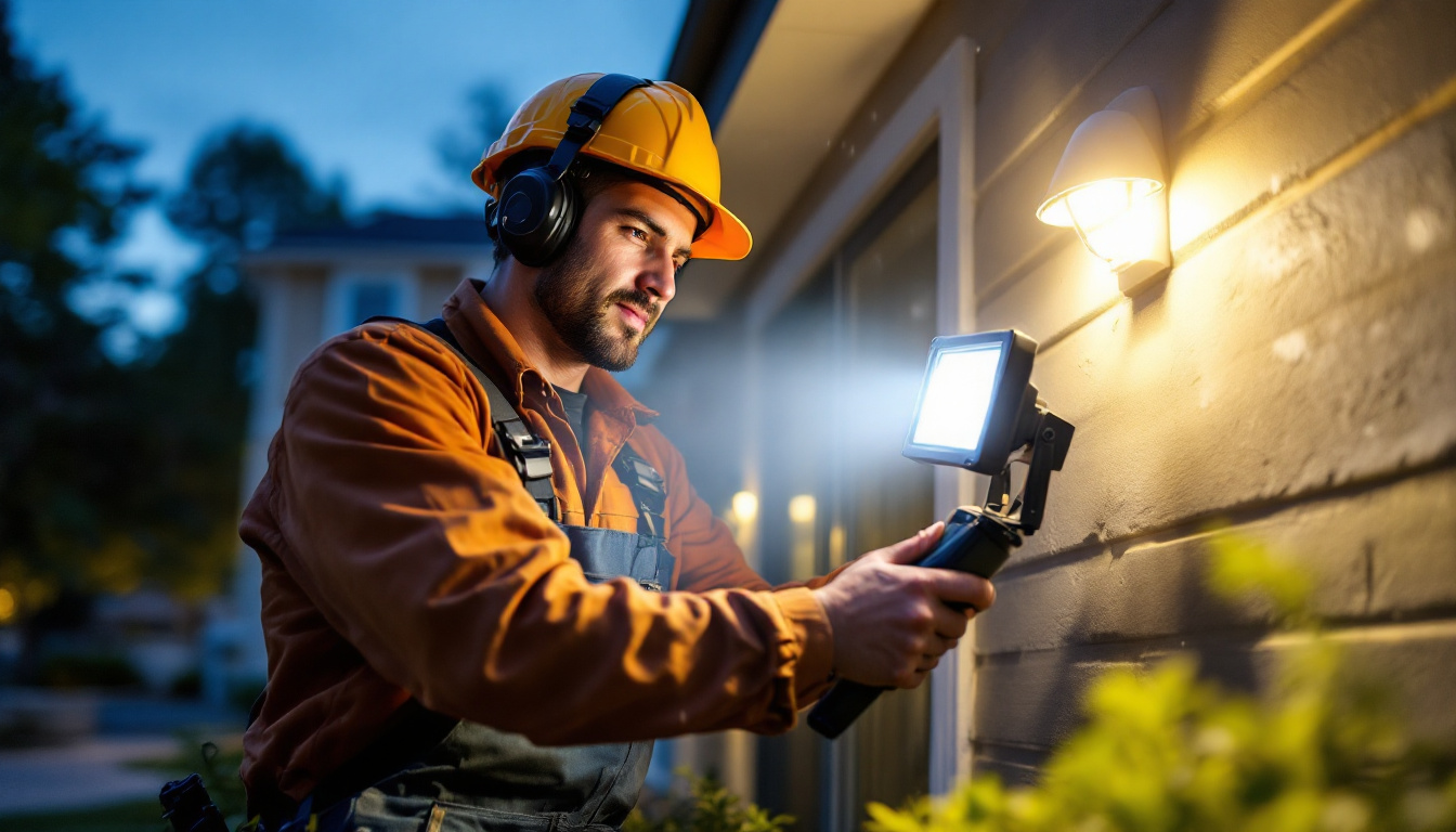A photograph of a professional lighting contractor installing or showcasing outdoor led flood lights in a residential or commercial setting