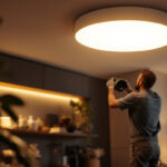 A photograph of a modern flush light fixture installed in a stylish interior setting