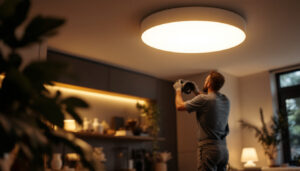 A photograph of a modern flush light fixture installed in a stylish interior setting