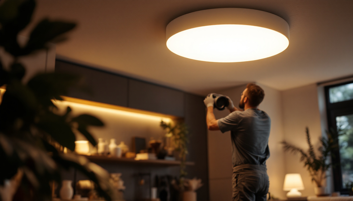 A photograph of a modern flush light fixture installed in a stylish interior setting