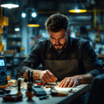 A photograph of a skilled electrician carefully inspecting and organizing a variety of essential tools