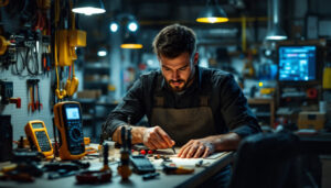 A photograph of a skilled electrician carefully inspecting and organizing a variety of essential tools