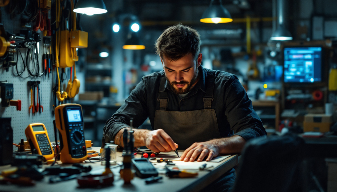 A photograph of a skilled electrician carefully inspecting and organizing a variety of essential tools