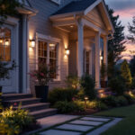 A photograph of a beautifully illuminated outdoor space featuring various types of outdoor lighting fixtures