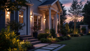 A photograph of a beautifully illuminated outdoor space featuring various types of outdoor lighting fixtures