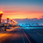 A photograph of a bustling airport scene at dusk