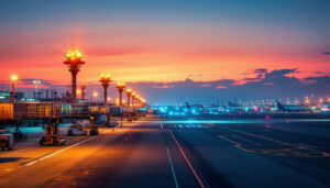 A photograph of a bustling airport scene at dusk