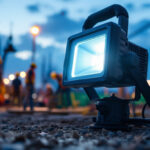 A photograph of a portable flood light in use at a construction site during twilight