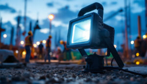 A photograph of a portable flood light in use at a construction site during twilight