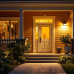 A photograph of a beautifully illuminated porch featuring a motion detector light in action