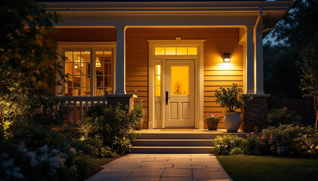 A photograph of a beautifully illuminated porch featuring a motion detector light in action