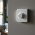 A photograph of a lighting contractor installing a modern light switch with a timer in a stylish home setting
