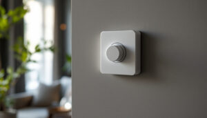 A photograph of a lighting contractor installing a modern light switch with a timer in a stylish home setting