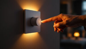 A photograph of a modern dimmer switch being adjusted