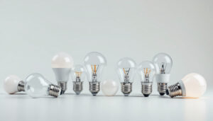 A photograph of a variety of light bulb bases displayed together on a clean