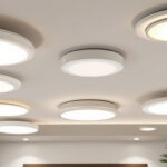A photograph of a well-lit interior space showcasing various styles of false ceiling light covers alongside alternative lighting options