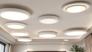 A photograph of a well-lit interior space showcasing various styles of false ceiling light covers alongside alternative lighting options