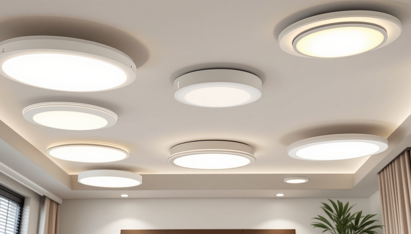 A photograph of a well-lit interior space showcasing various styles of false ceiling light covers alongside alternative lighting options