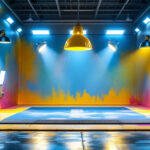 A photograph of a well-lit paint booth showcasing various lighting fixtures in action