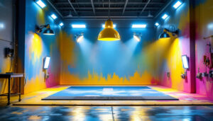 A photograph of a well-lit paint booth showcasing various lighting fixtures in action
