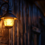 A photograph of a well-lit outdoor scene featuring the gama sonic gs-122 barn light installed in a rustic setting