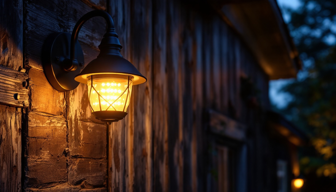 A photograph of a well-lit outdoor scene featuring the gama sonic gs-122 barn light installed in a rustic setting