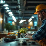 A photograph of a lighting contractor at work