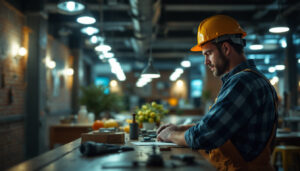 A photograph of a lighting contractor at work
