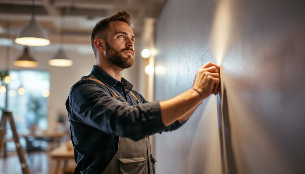A photograph of a dynamic lighting contractor expertly installing or showcasing innovative lighting solutions in a commercial or residential setting
