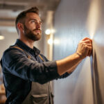 A photograph of a dynamic lighting contractor expertly installing or showcasing innovative lighting solutions in a commercial or residential setting