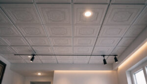 A photograph of a well-lit interior space featuring a drop ceiling installation