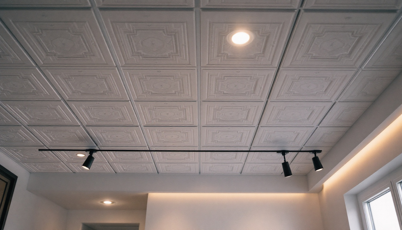 A photograph of a well-lit interior space featuring a drop ceiling installation