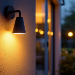 A photograph of a stylish wall-mounted outdoor lamp illuminating a cozy patio or garden setting at dusk