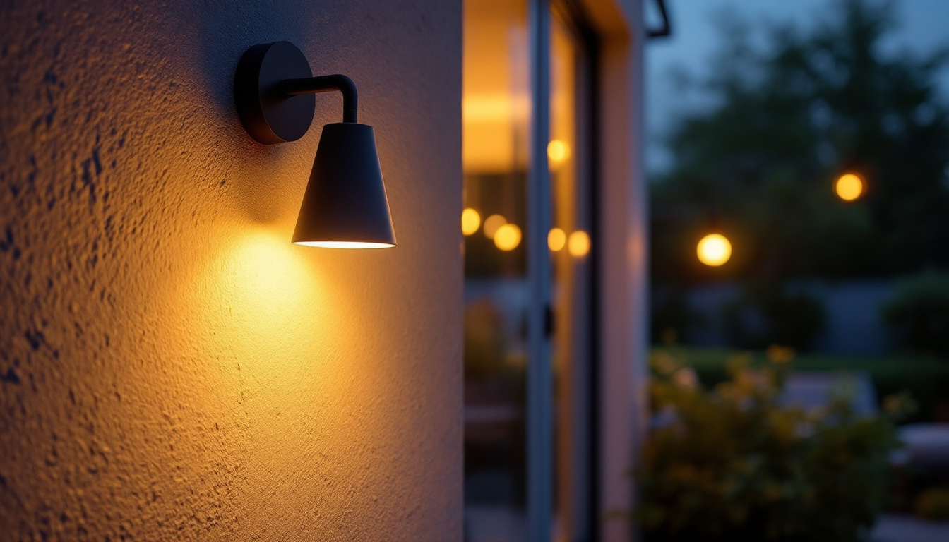 A photograph of a stylish wall-mounted outdoor lamp illuminating a cozy patio or garden setting at dusk