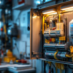 A photograph of a well-organized electrical box with labeled wires and tools arranged neatly around it